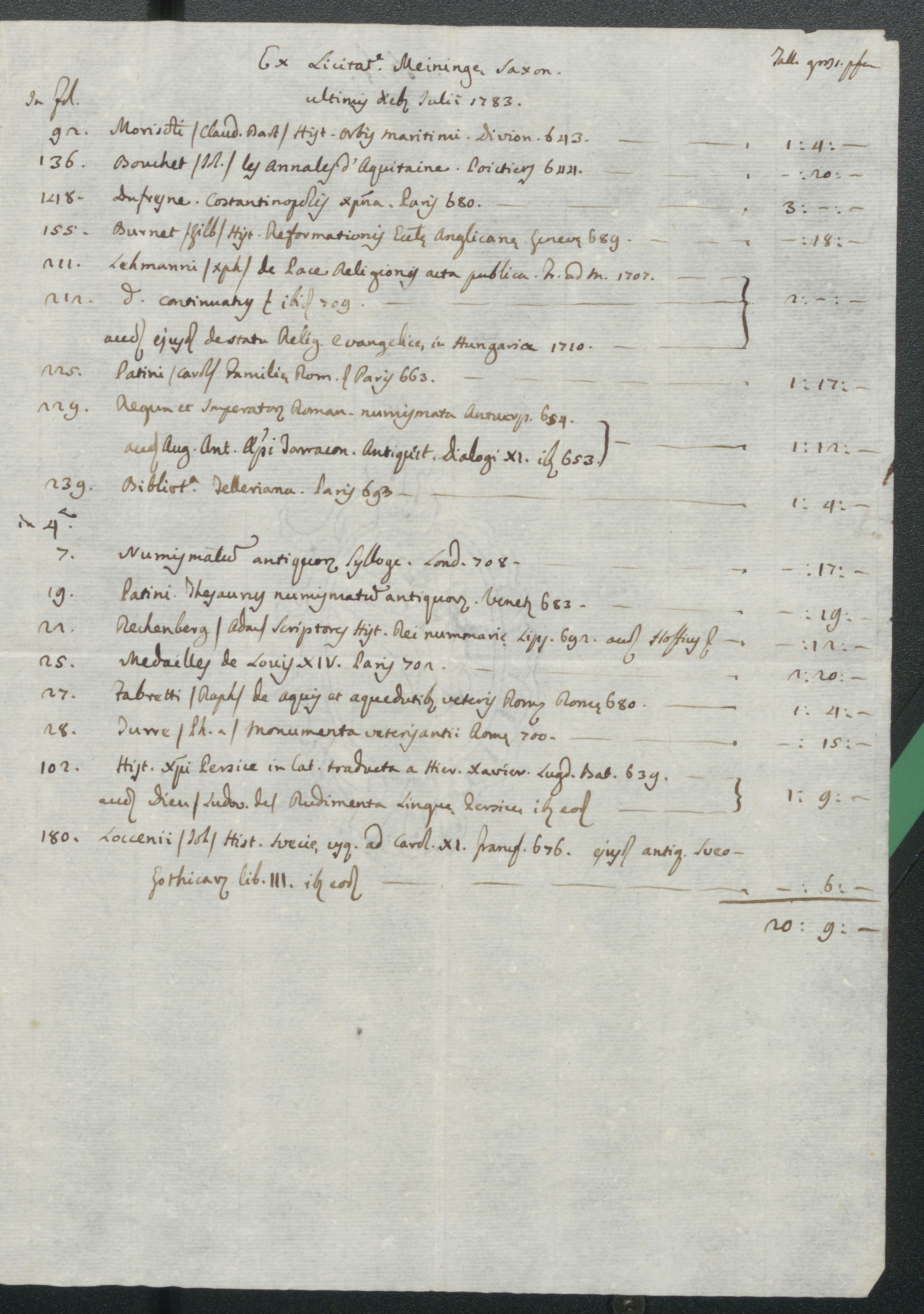 A Meiningenben 1783. július utolsó napjaiban tartott könyvlicitáción beszerzett könyvek jegyzéke