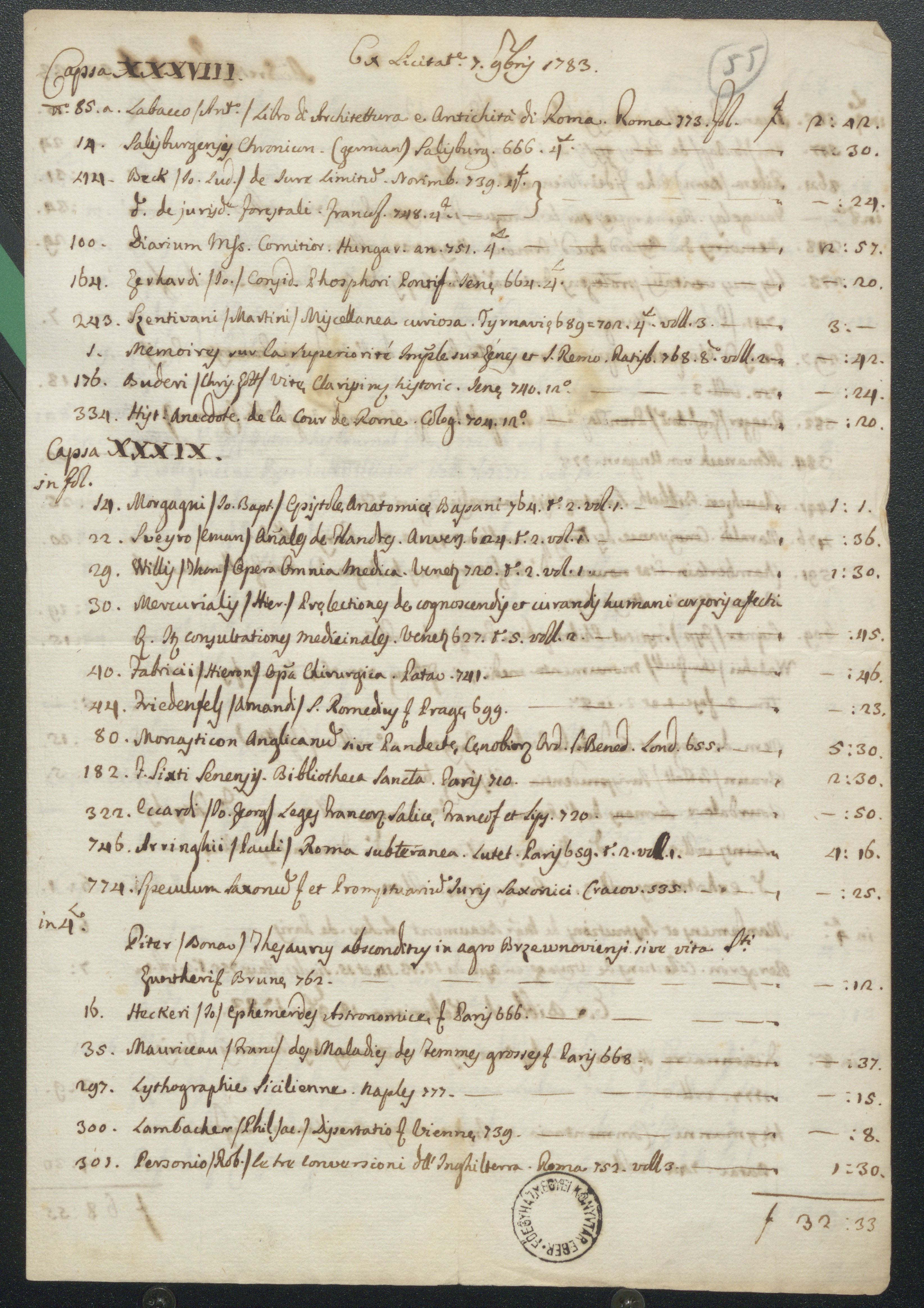 A Bécsben, 1783. november 7-én és november 18-án tartott könyvaukciókon vásárolt könyvek listája