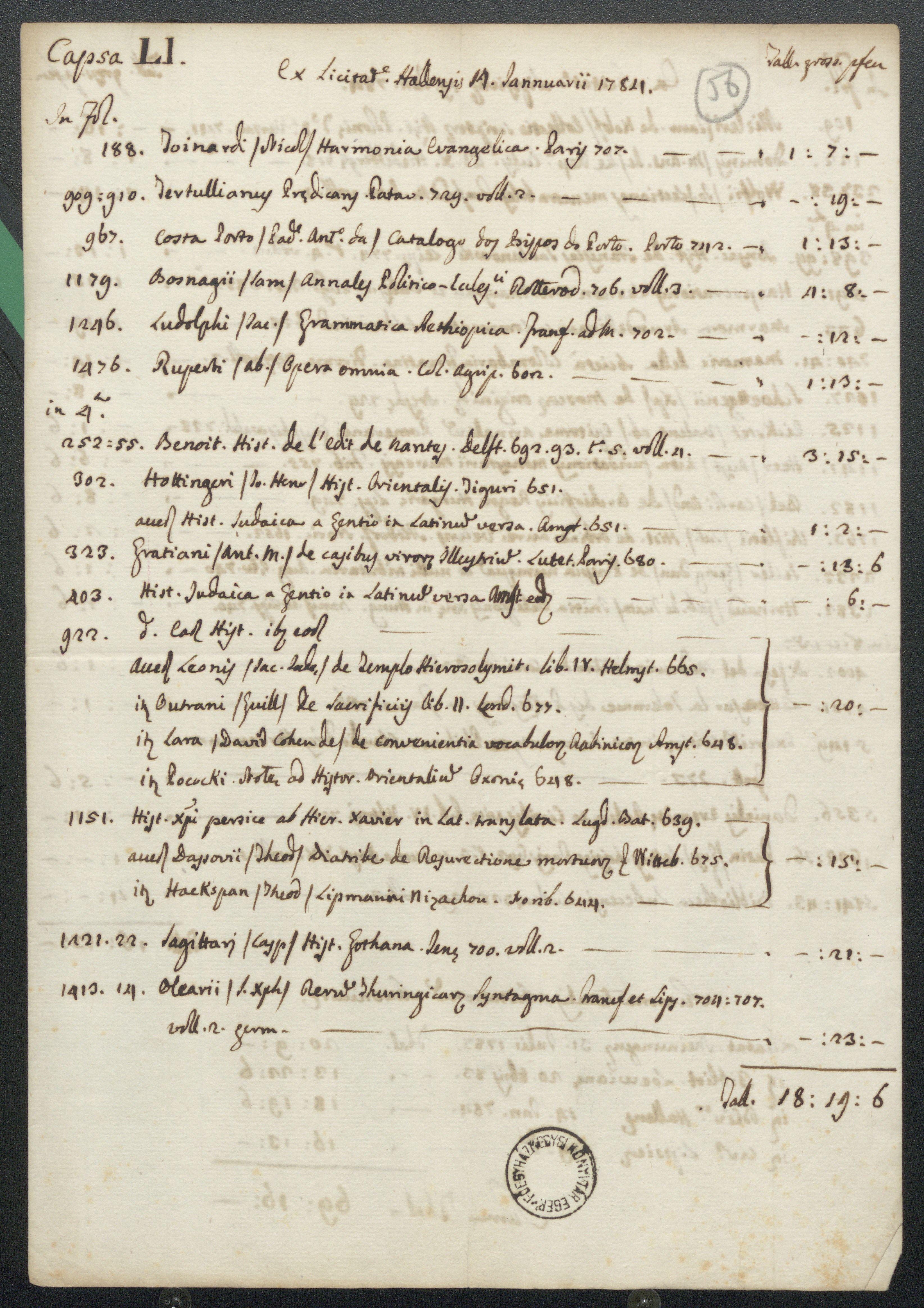 A Halléban 1784. január 14-én és Lipcsében 1784. január 19-én tartott könyvaukciókon beszerzett könyvek listája