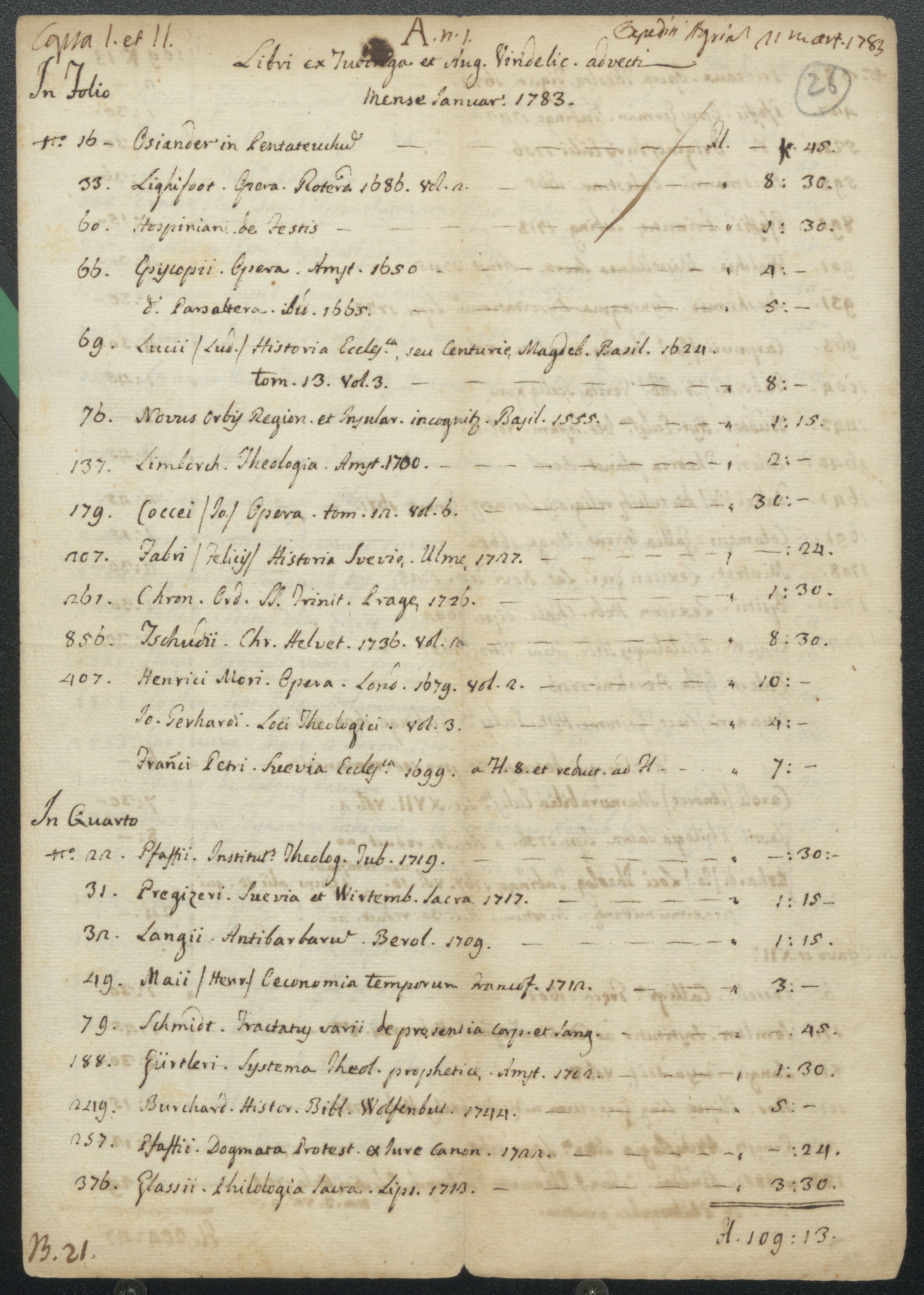 A Tübingenben és Augsburgban vett és 1784. januárjában Egerbe szállított könyvek listája