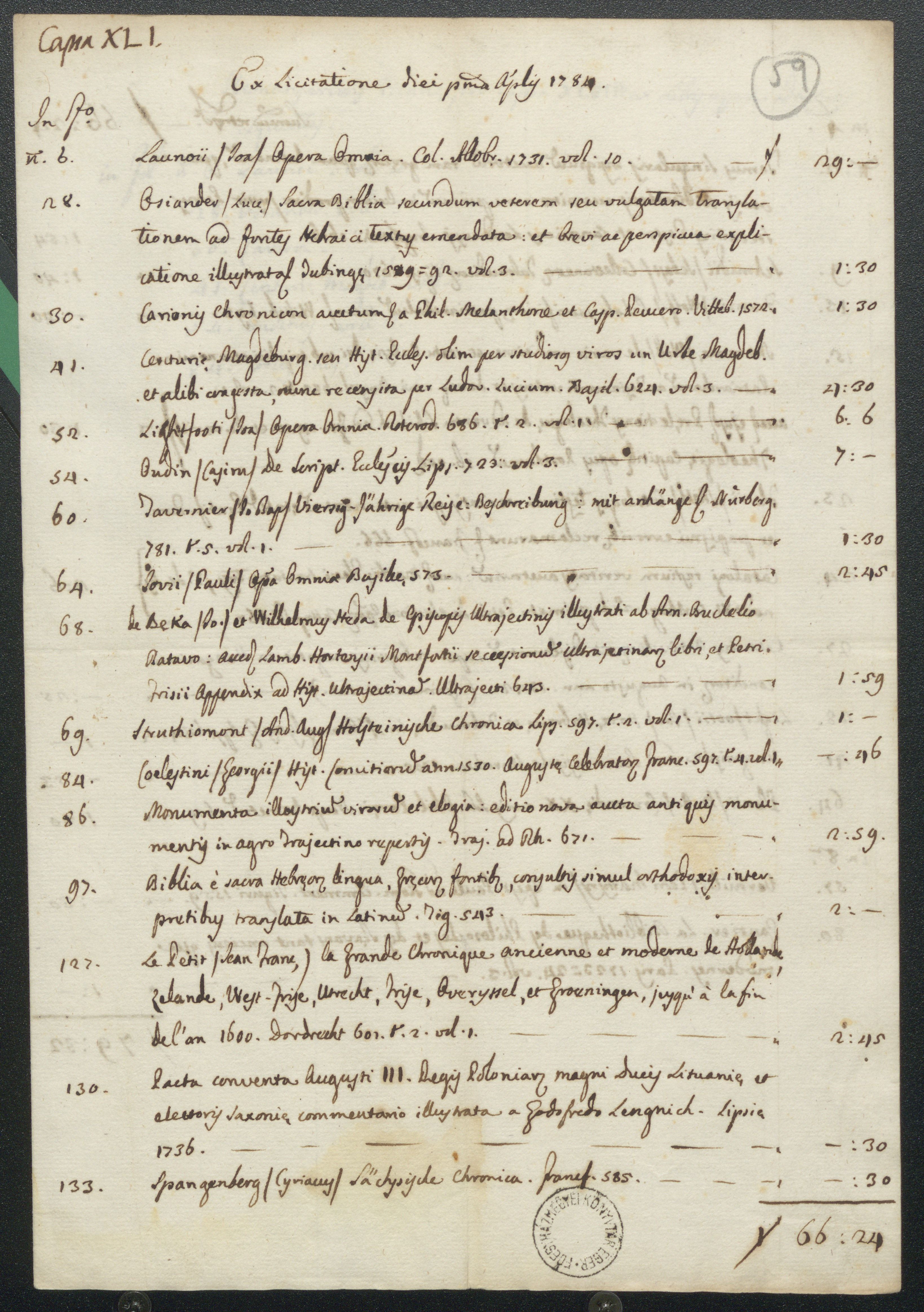 A Bécsben 1784. április 1-jén tartott könyaukción vásárolt könyvek listája