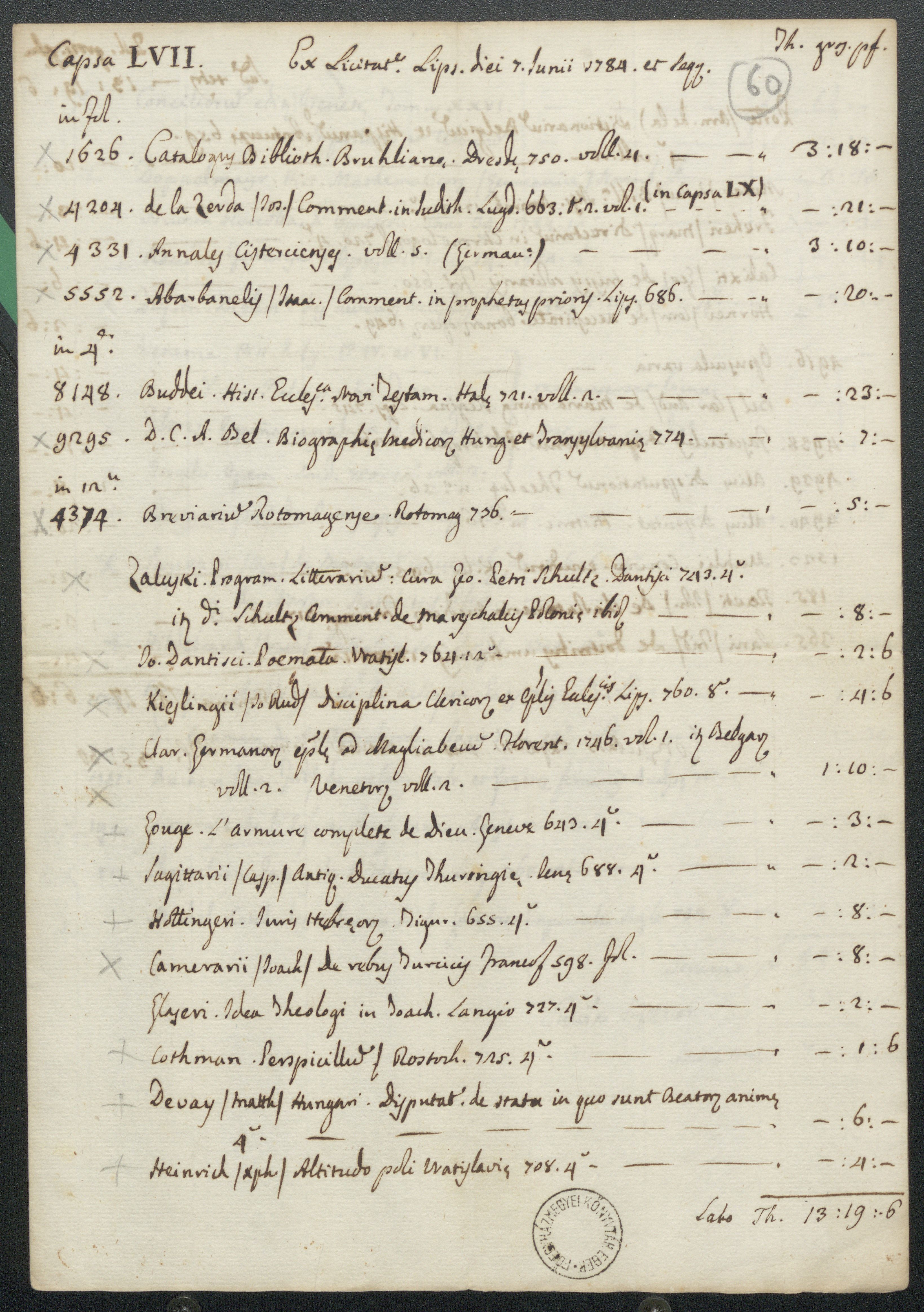 A Lipcsében 1784. június 7-én és a következő napokban tartott könyvlicitáláson beszerzett könyvek listája