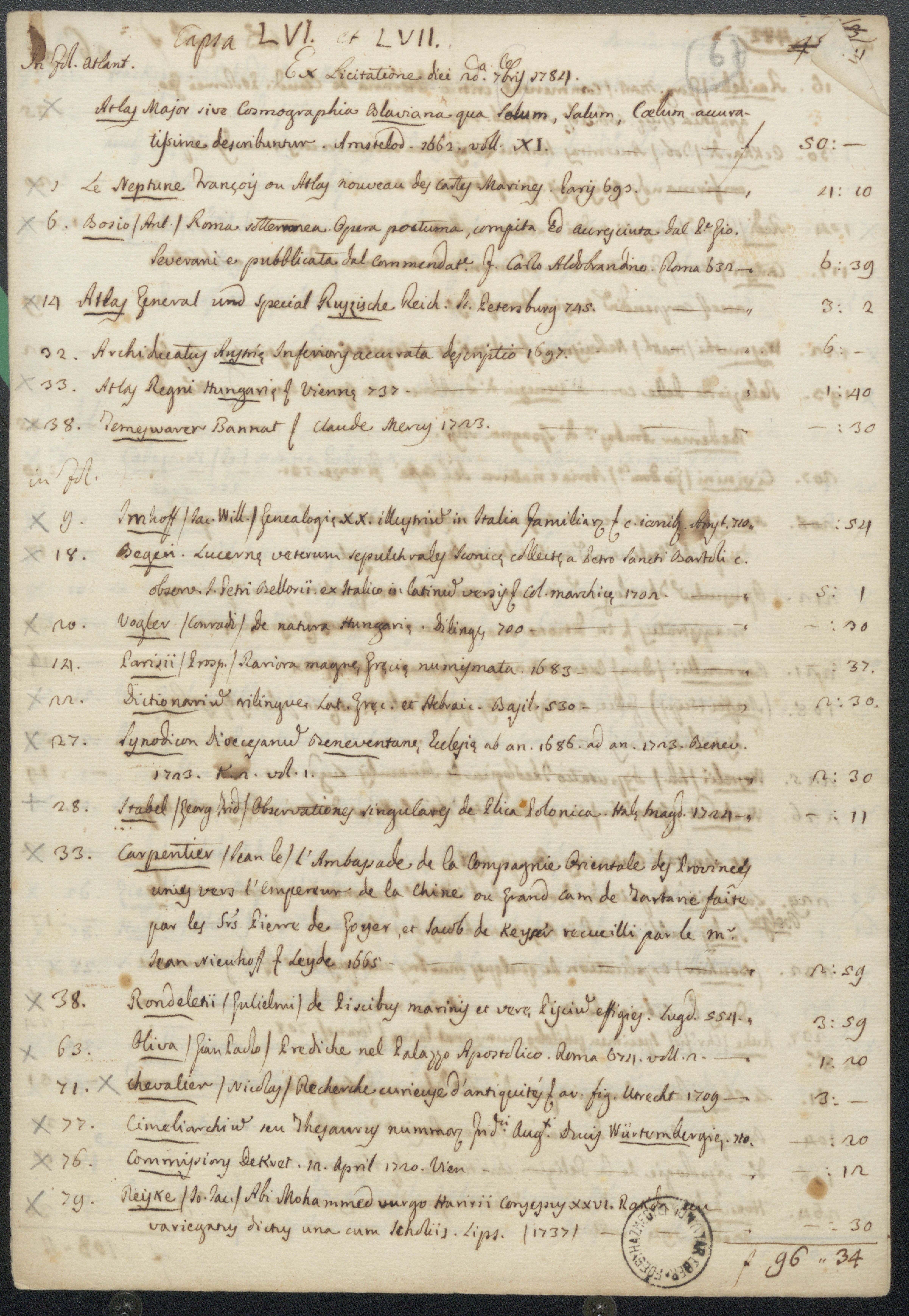 1784. szeptember 2-án és 3-án tartott könyvlicitáción vásárolt könyvek jegyzéke