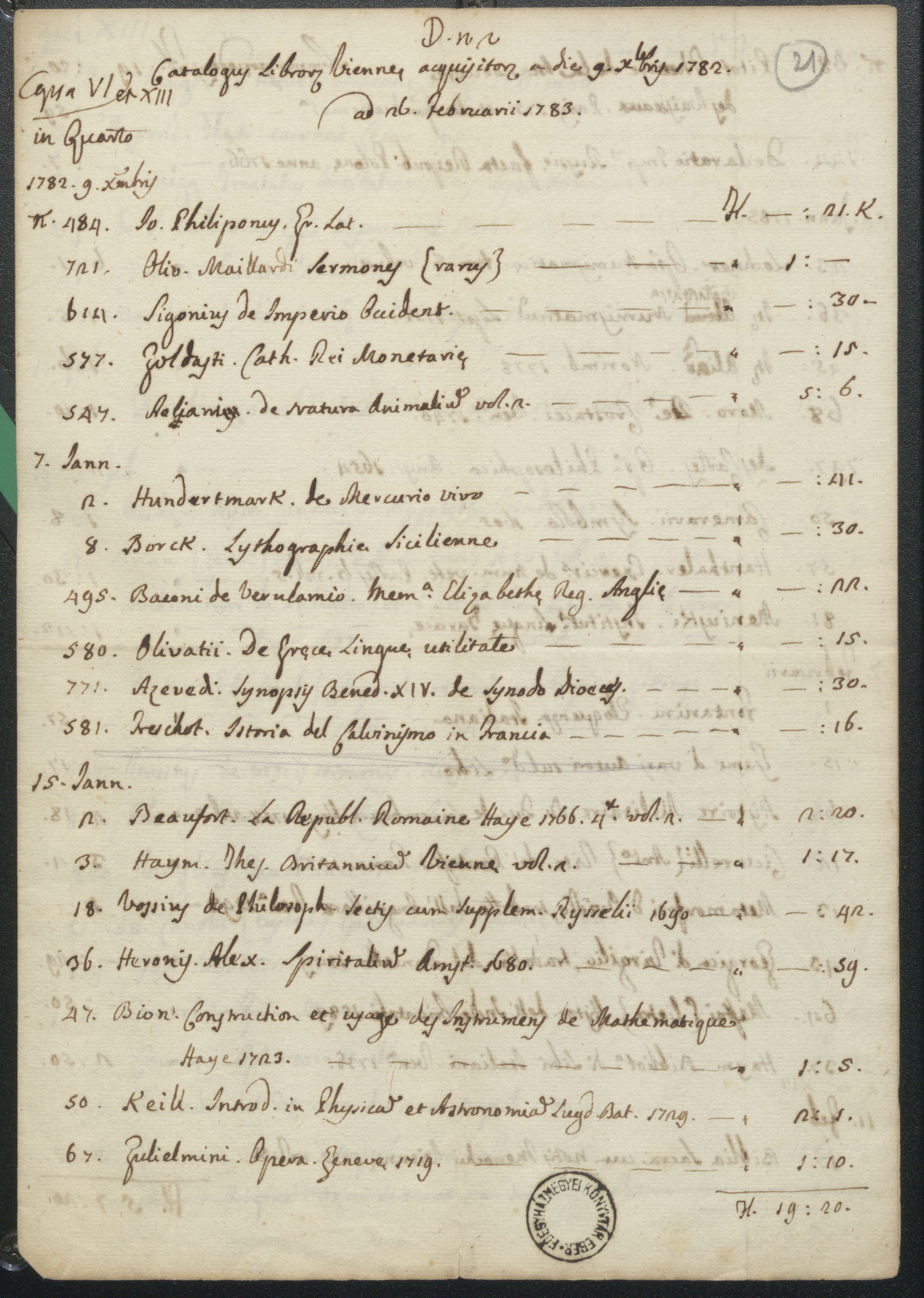 A Bécsben 1782. december 9. és 1783. február 26. között tartott könyvaukciókon beszerzett könyvek listája. [2.] 